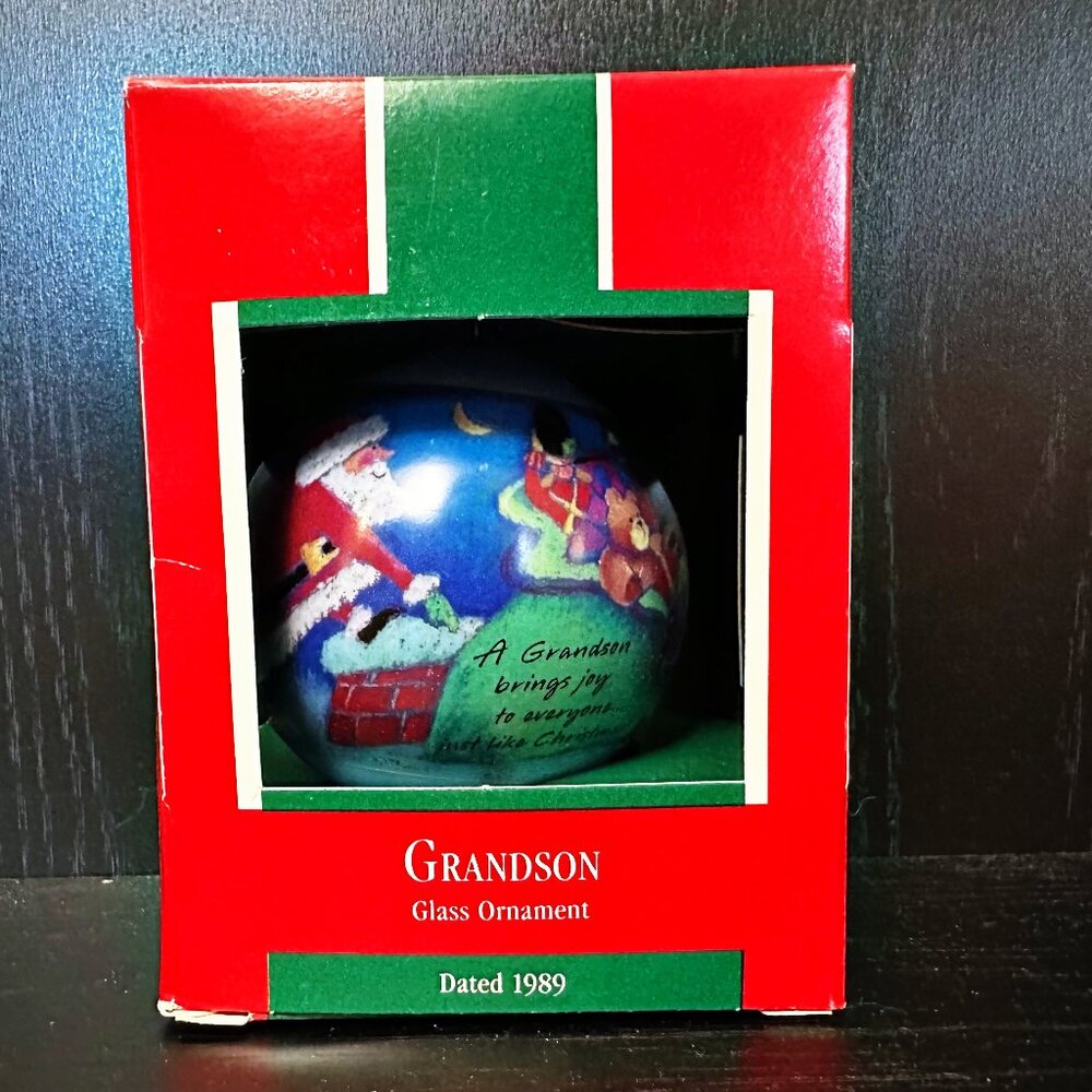 1989 HALLMARK Keepsake GRANDSON Glass Ball Ornament Santa Vintage